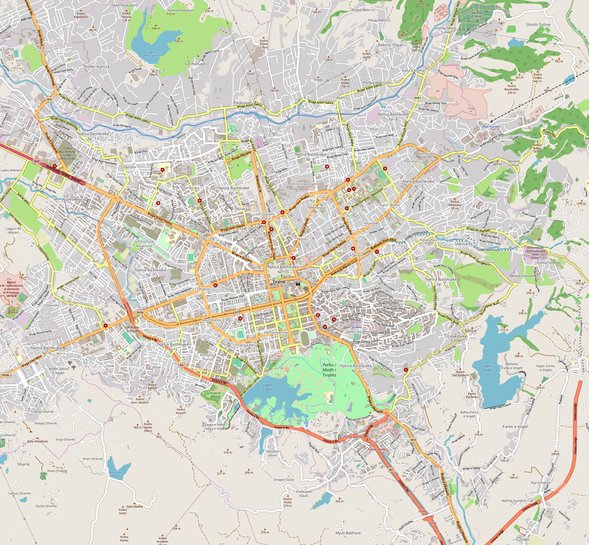 A screenshot showing the rich OSM data in Tirana, Albania